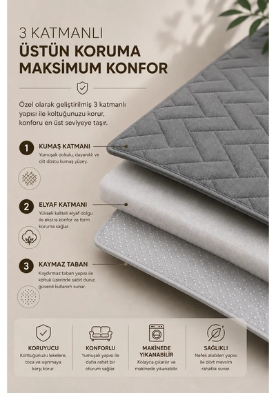 3 Parça Kaymaz Taban Kapitone 3'lü Koltuk Örtüsü Çekyat Kanepe Seti 90x200 Gri Gri
