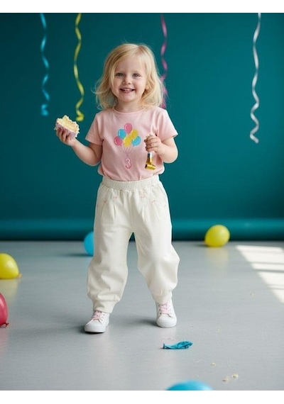 Zekids Kız Çocuk Yumuşak Dokulu Fiyonk Detaylı Yüksek Bel Pantolon-16523 Krem