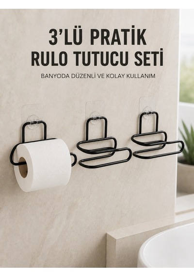 3 Lü Yapışkanlı Tuvalet Kağıdı Tutucu Seti Siyah Duvar Tipi Rulo Kağıtlık Çok Renkli