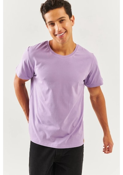 Erkek Oversize Rahat %100 Pamuklu Penye Bisiklet Yaka Kısa Kol Basic T-shirt Lila