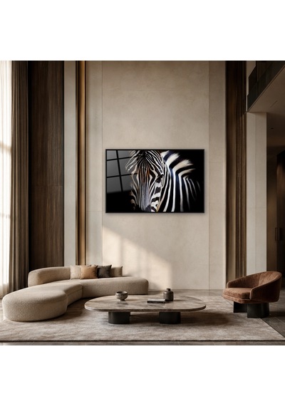 Karanlıkta Zebra Yakın Plan Siyah Çerçeveli Cam Tablo