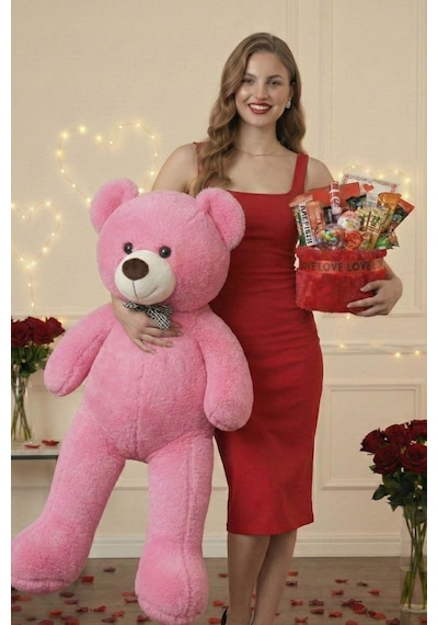 Kadınlar Günü Özel: 90 Cm Peluş Ayı Kırmızı Love Yazılı Tatlı Çikolata Sepeti Sevgiliye Hediye 27360705
