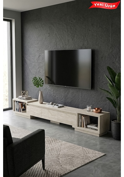 Vista Ayarlanabilir Tv Ünitesi 160-270 Cm - Uzayabilen Tv Sehpası Traverten Krem