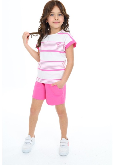 Toontoy Kids Toontoy Kız Çocuk 2'li Takım Baskılı Bisiklet Yaka T-shirt & Beli Lastikli Cepli Şort Mercan