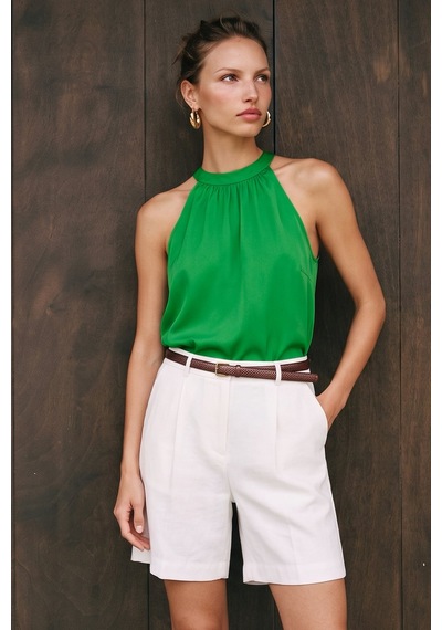Sateen Halter Yaka Bluz - Yeşil-137729