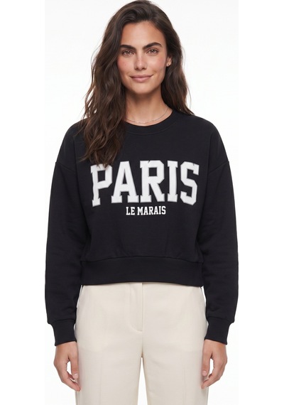 Onloox Kadın Siyah Siyah Pamuklu Bisiklet Yaka Üç İplik Şardonlu Paris Baskılı Ribana Detaylı Sweatshirt Onloox Kadın Siyah Siyah Pamuklu Bisiklet Yaka Üç İplik Şardonlu Paris Baskılı Ribana Detaylı Sweatshirt