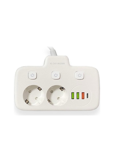 Akım Korumalı 2 Li Ayrı Anahtarlı Priz, 2x Priz, 3x Usb, 1x Type-c, 2 Mt Kablo, Hızlı Şarj Aklby-bsva58 0