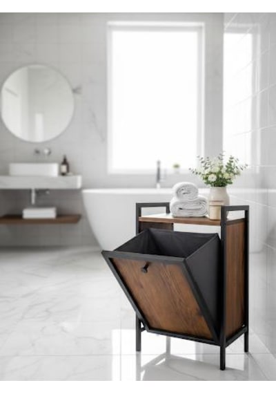Kapaklı Çamaşır Sepeti & Banyo Düzenleyici Dolap Metal Ayaklı Modern Kirli Sepeti Organizer Ahşap