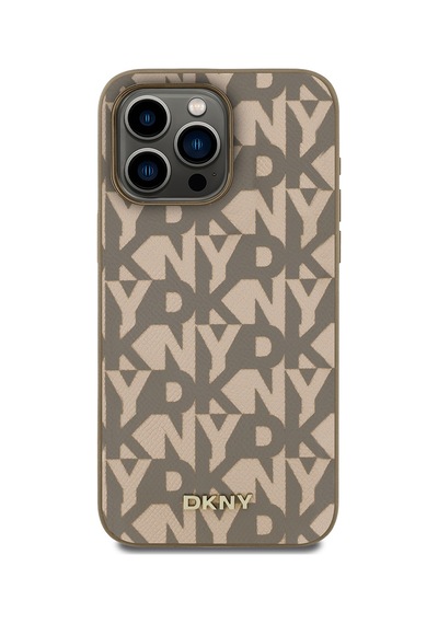 Apple Uyumlu iPhone 15 Pro Max Kılıf Dkny Lisanslı M-safe Şarj Özellikli 3d Yazılı Grid Pattern Kapak Kahverengi
