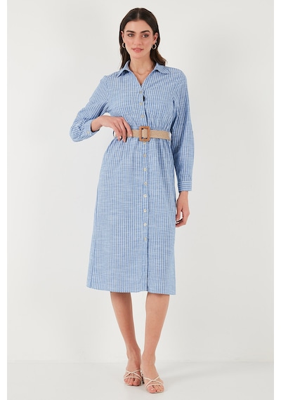 Lela Pamuklu Regular Fit Kemerli Midi Boy Gömlek Bayan Elbise 67810301 Indigo
