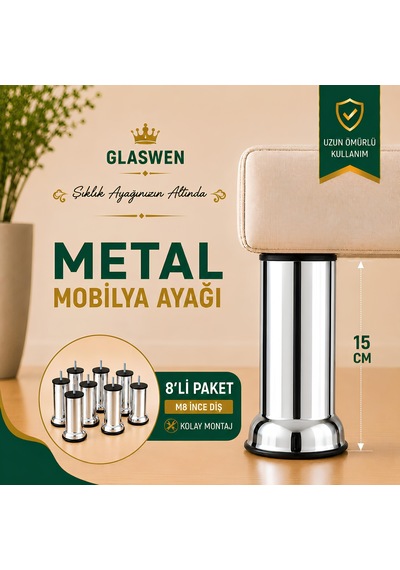 8 Adet Metal Destek Ayağı 15 Cm Krom Mobilya Kanepe Baza Koltuk Ünite Ayakları Metrik 8 Civatalı İnce Diş
