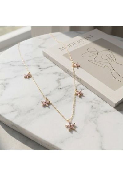 925 Ayar Gümüş Altın Kaplama Pembe Taşlı Çiçek Kolye Gold