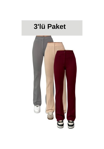 Thiff Gymwear Krep Kumaş Likralı Kadın Palazzo Pantolon 3'lü Set Gri-bej-bordo