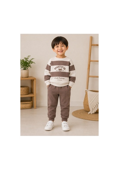 Minaminokids Erkek Çocuk Ayıcık Baskılı Çizgili İkili Takım Kahverengi