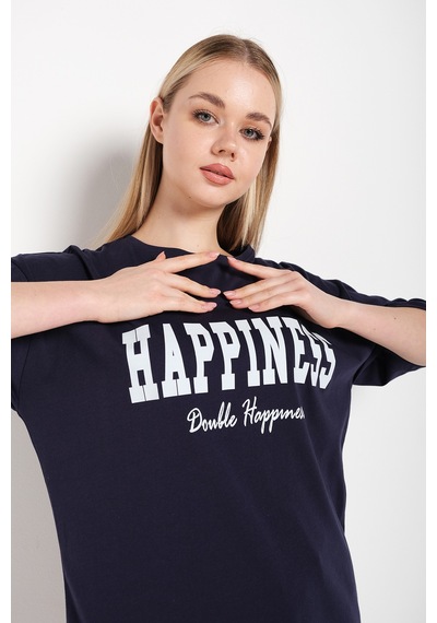 Flood Of Style Kadın Lacivert Happıness Baskılı Oversize Tshirt