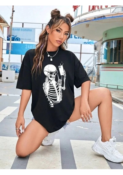 Kadın İskelet Baskılı T-shirt Kısa Kol Bisiklet Yaka Oversize Tişört - Siyah