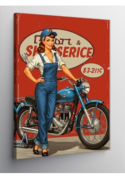 Kanvas Tablo Retro Tamirci Kadın Ve Motosiklet 50cmx70cm