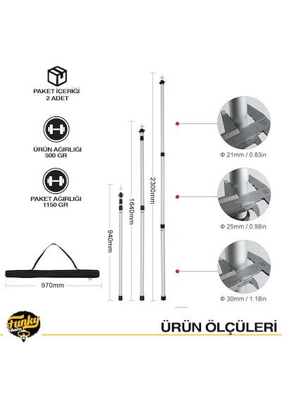 Funky Chaırs 2 Adet Ayarlanabilir Teleskopik Alüminyum Tarp Tente Çadır Direği 230 Cm Gri