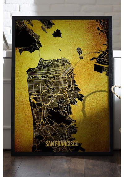 San Francisco Şehir Haritası Siyah Ahşap Çerçeveli Poster, Dekoratif Harita Duvar Tablosu