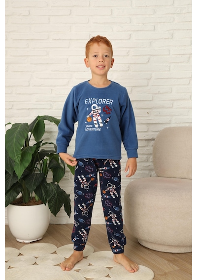Yeni Stil Sonbahar/kış Erkek Çocuk Uzay Figür Astronot Desen Polar Pijama Takımı 4565 Mavi