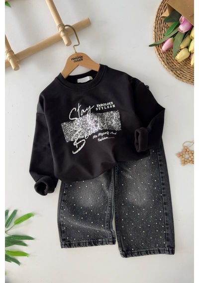 Miniğimin Cicileri Stay Beautiful Taşlı Kot Pantolonlu Kız Çocuk 2 Li Takım - Siyah