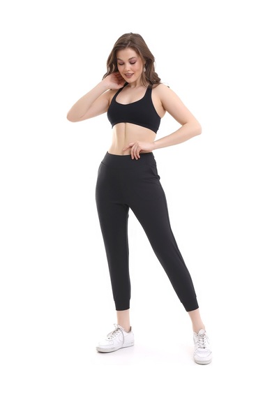 Winmoda34 Kadın Yüksek Bel Geniş Kemer Dalgıç Kumaş Jogger Full Likralı Tayt Eşofman Bilek Üstü Siyah