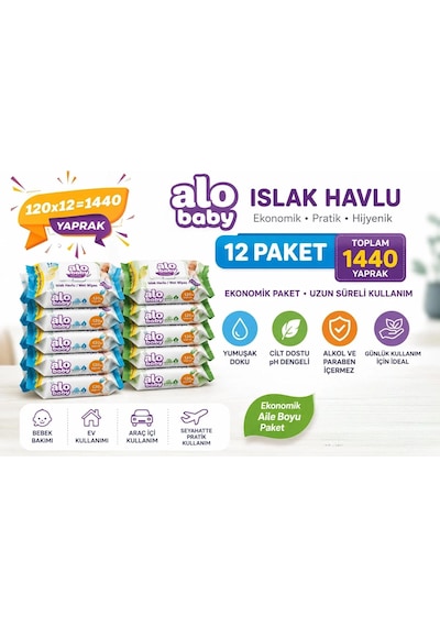 Alo Baby Ekopack Islak Havlu 120'li x 12 Paket Toplam 1440 Yaprak 12'li Set