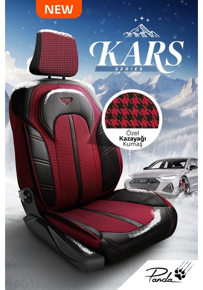 Bordo - Siyah Panda Kars Serısı Kazayağı Kumaş Oto Koltuk Kılıfı - Tam Set