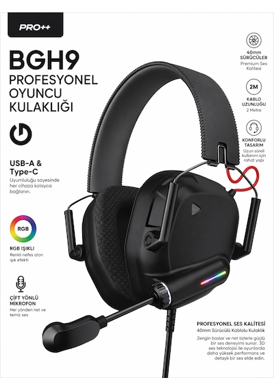 Rgb Oyuncu Kulaklığı Mikrofonlu 40mm Sürücü Kablolu Gaming Headset