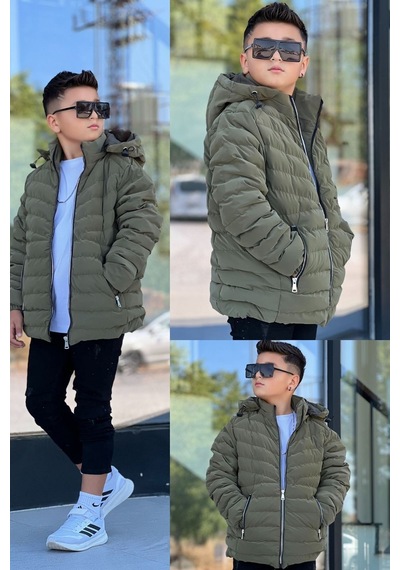 Pina Kids Erkek Çocuk Çıkarılabilir Kapüşonlu Sık Dikişli Nova Kumaş Kışlık Şişme Mont Km4016 Haki