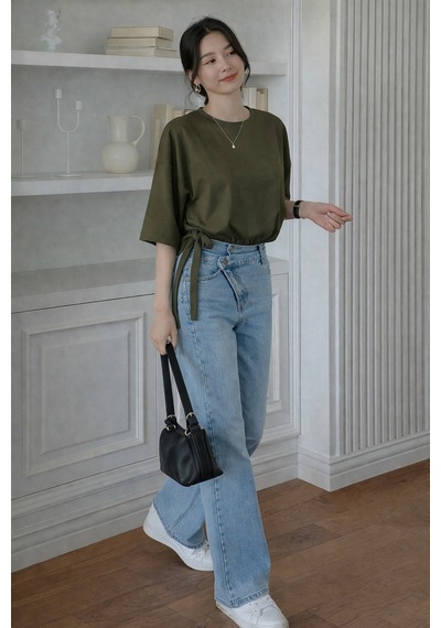 Kadın Oversize Basic Haki Tişört Yan Bağlamalı Rahat Kesim Günlük Yazlık T-shirt