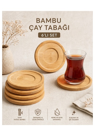 Bambu Çay Tabağı 6'lı Set - Doğal Ahşap Çay Bardak Altlığı 00105