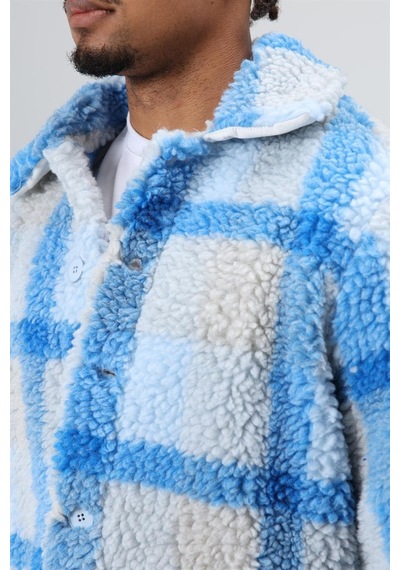 Vamos Oversize Peluş Ekose Ceket Mavi