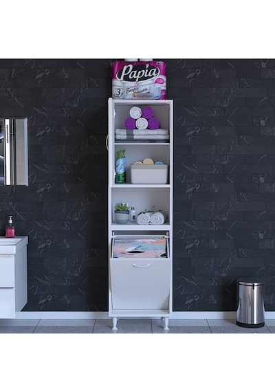 Mutfak Dolabı Kirli Çamaşır Dolabı Düşer Kapaklı Sepetli Banyo Dolabı 45x160x32 Cm Beyaz