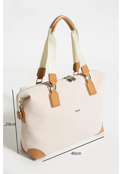 Just Polo Kadın Büyük Valiz Boy Ayarlanabilir Askılı Lüks El Ve Omuz Çantası Shopper Ebat: 33 X 40 Cm Krem - Taba