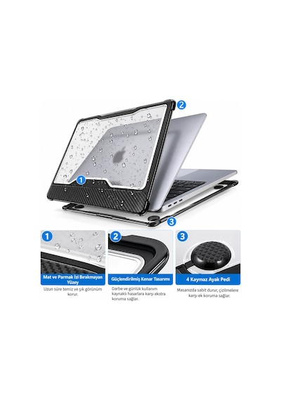 MacBook Air 13.3" A2337 M1 A2179 A1932 Uyumlu Hard Case Sert Kapak, Şeffaf Rugged Bumper Koruyucu Kılıf, Karbon Desenli Darbe ve Çizilme Koruması Siyah