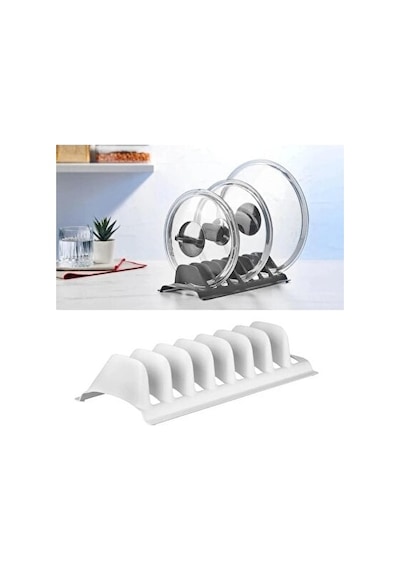 Beyaz - 8 Bölmeli Tencere Kapak Rafı - Simple Tabaklık - Kapak Organizeri - Elm-01-768408 Renkli