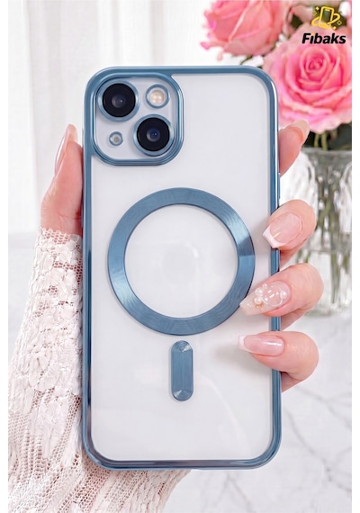 Fibaks iPhone 14 Plus/15 Plus Uyumlu Kılıf Kamera Lens Korumalı Magsafe Şarj Kilifi Şeffaf Renkli Yumuşak Mavi