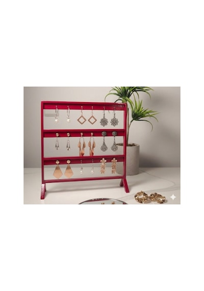 Şık Modern Küpe Standı, Kırmızı Takı Düzenleyici, Takı Standı , Küpe Askısı , 3 Bölmeli Organizer