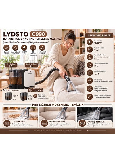 C990 Akıllı Ses Modlu 1800w 17000 Pa Sıcak Su Ve Buharlı Halı Koltuk Yıkama Leke Çıkarma Makinesi