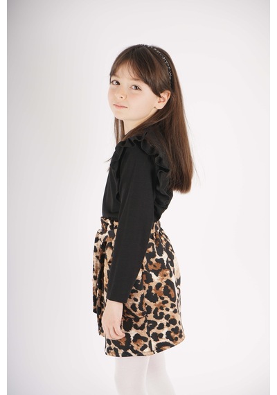 Miniko Kids Kız Çocuk Leopar Cep Model Etekli Kol Detaylı Takım Siyah