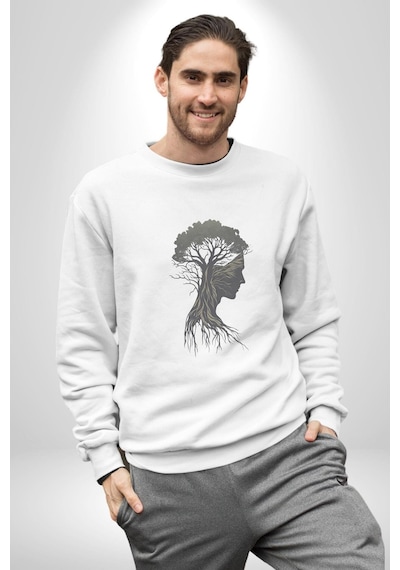 Toprak Köksalmış Ağaç Kadın Unisex Beyaz Baskılı Sweatshirt Beyaz