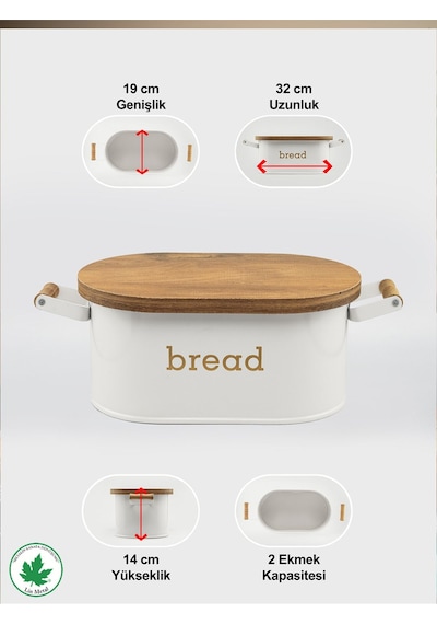 Ahşap Kapaklı Ahşap Kulplu Metal Ekmeklik Bread Baskılı - Beyaz Beyaz