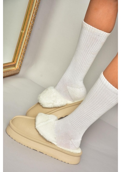 Fox Shoes T918264209 Bej İçi Peluş Kadın Terlik Bej