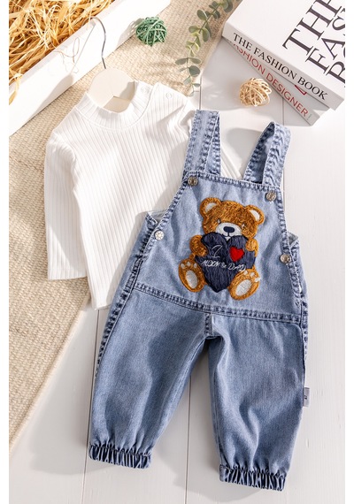 Baby Mod Ayıcık Figürlü Denim 2'li Erkek Bebek Kot Salopet Tulum mavi