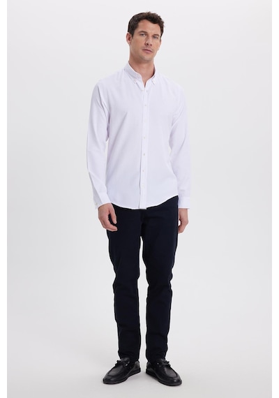 Tudors Erkek Slim Fit Dar Kesim Düz Oxford Armalı Yaka Düğmeli Beyaz Spor Gömlek-42018 Beyaz