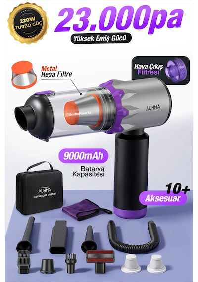 Auhma Ahv-29 Kablosuz Araç Süpürgesi 220w 23000pa Güçlü Vakum & Üfleme Özellikli Şarjlı Oto Süpürge Gri