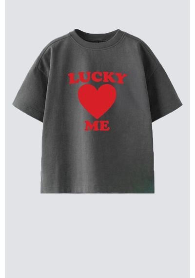 Monila Kız Çocuk Pamuklu Bisiklet Yaka Kalp Baskılı T-shirt Antrasit