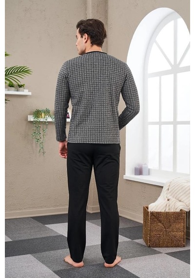 Pjs Gd Goldoremi 23709 Erkek Patlı Düğmeli Jakarlı Kışlık Uzun Kollu Pijama Takım Siyah