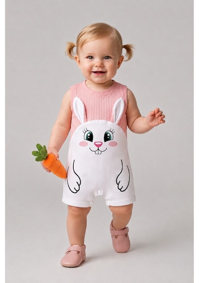 Babyden's Kız Bebek Tulum Yazlık %100 Pamuk Ribana Kolsuz Tavşan Baskılı Çıtçıtlı Bebek Tulumu 0-9 Ay Somon